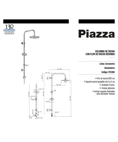 COLUMNA DE DUCHA C/FLOR REDONDA 20 CM "PIAZZA"